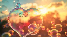 My Heart Swells At The Sunset Sky. Summer Love In The Sun With A Romantic Bubble Maker Creating Vibrant Soap Bubbles In The Park.