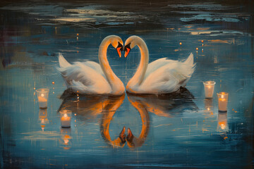 An artistic representation of two swans forming a heart shape with their necks on a reflective water surface, surrounded by candlelight, suitable for romantic dining advertisements, Valentine's Day