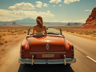 Woman sitting waiting in an old convertible from the 60s on the desert route. Vintage image.