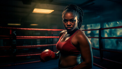 Portrait of an overweight African American woman wearing boxing gloves in the gym on a dark background. Serious face, kickboxing or muscles of an athlete ready for fight, exercise or training 