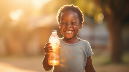 Wall Mural - Concept for solving drinking water problems in Africa, need for pump. Smile african child holding plastic water bottle, happy childhood.