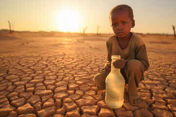 Wall Mural - Portrait child with empty bottle against background of cracked earth, thirsty people. Concept global problem in Africa with drinking water and drought weather