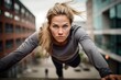 © Markus Schröder - Portrait of a determined mature woman doing parkour in the city. With generative AI technology