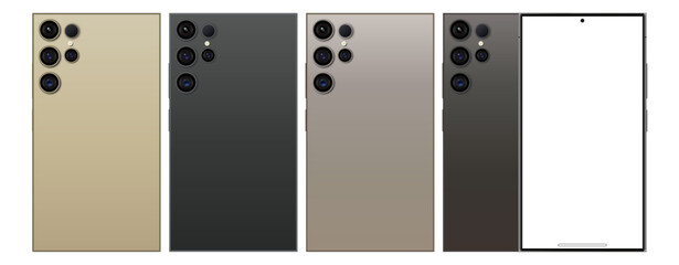 Wall Mural - Set of Realistic model Samsung S24 ultra in four different colors. Vector phone mockup isolated on white background.