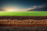 Fototapeta  - Underground soil layer of cross section earth, erosion ground with grass on top