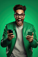 Wall Mural - Portrait of overjoyed impressed person wear stylish t-shirt eyewear holding smartphone win betting isolated on green color background