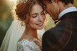 A loving bride and groom embrace in nature, with the woman wearing a stunning white gown and the man in a suit. A beautiful couple outdoors, captured in a portrait with the woman wearing a lace veil.