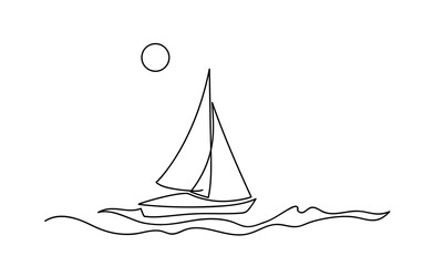 Wall Mural - Yachts on sea waves. Seagull in the sky. Continuous line  drawing illustration. Isolated on white background