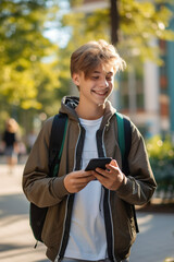 Wall Mural - Young happy boy of 13 years old looking at the mobile phone at campus background