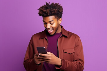young african american man hold cellphone amazed sales hold device wear trendy brown outfit isolated