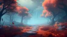 A Painting Of A Path Leading To A Bridge With A Red Tree In The Background,,
Abstract Landscape. Colorful Art Fantasy Landscape With A Forest And Glowing Light.
