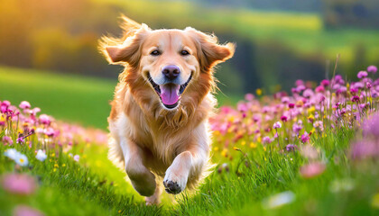 Wall Mural - A dog golden retriever with a happy face runs through the lush green grass