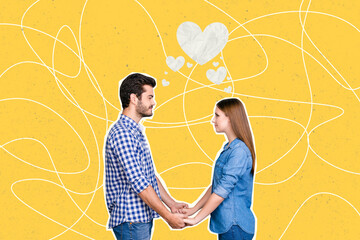 Sticker - Horizontal drawing photo collage of cute guy and girl hold hands think about mutual romantic feelings want to start dating look into eyes