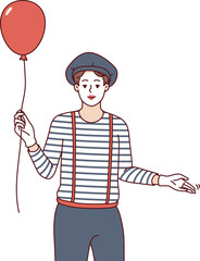 Man mime with balloon invites you to comedy theater performance with paraders and clowns