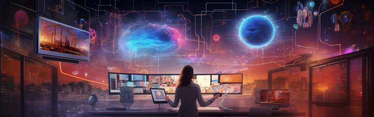 Wall Mural - Future scenario, Futuristic setting, Panorama, Science fiction scene, Sci-fi setting. THE CONTROL CENTER. Manipulating and keeping the sourrounding environment under controI. Images from another Era.