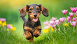 A dog wire-haired dachshund puppy with a happy face runs through the colorful lush spring green grass 