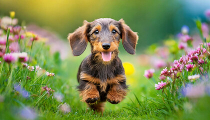 Wall Mural - A dog wire-haired dachshund puppy with a happy face runs through the colorful lush spring green grass 
