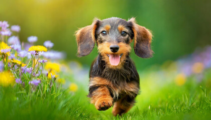 Wall Mural - A dog wire-haired dachshund puppy with a happy face runs through the colorful lush spring green grass 