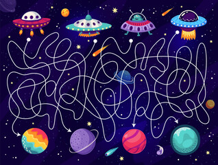 Poster - Space labyrinth maze game, help to alien UFO find planet, vector quiz puzzle for kids. Help to Martians in UFO saucer find way to planets in tangled path in galaxy on cartoon labyrinth maze worksheet