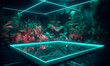 Neon swimming pool with tropical plants background. Colorful 3d cyber room with green digital spa with water and glowing border with reflection of bushes and pink palm trees for techno design