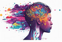 Colorful artistic illustrations that represent the brain and conscious with woman face. Mental health concept.