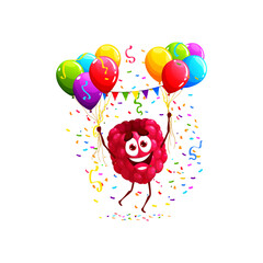 Wall Mural - Cartoon raspberry character, birthday holiday. Kids holiday party comical mascot, child event or children anniversary celebration happy berry vector character or cute raspberry personage with balloons