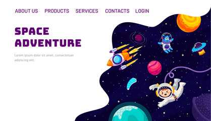 Poster - Space galaxy adventure landing page. Cartoon kid spaceman, alien, UFO and flying rocket between space planets vector website background. Cute astronauts characters on starry sky with comets, asteroids