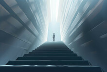 A Minimalist Illustration Of A Person Looking Up With A Staircase Leading Up To A Bright Light, Symbolizing Progress And Success