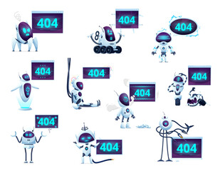 Leinwandbilder - 404 page with cartoon screens, robots and droids for website error, vector symbols of broken android. 404 error or web page not found, oops website service maintenance screens with robots and droids