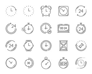Poster - Timer clock outline icons. Alarm, stopwatch, calendar timer. Interval chronometer, time management wristwatch or business deadline hourglass line vector symbol, interface alarm clock pictograms set
