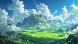 Fototapeta Natura - Beautiful Green Savanna or green field with sunny day anime background, cloud background landscape view with beautiful day sky on sunny weather flowers and mountains, beautiful panorama with surrealis
