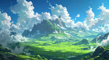 Beautiful Green Savanna Or Green Field With Sunny Day Anime Background, Cloud Background Landscape View With Beautiful Day Sky On Sunny Weather Flowers And Mountains, Beautiful Panorama With Surrealis