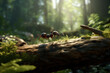 Giant ant crawling on log in forest