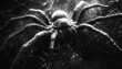 Scary close up of a spider on black background. Close up spider's web on retro vintage black color background for halloween night party design concept concept. Scary horror design