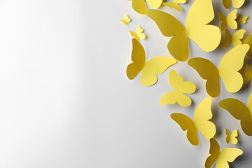 Wall Mural - Yellow paper butterflies on white background, top view. Space for text