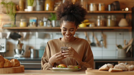 Wall Mural - young woman with a high puff hairstyle is smiling down at her smartphone, seated at a table with a sandwich on a plate in front of her