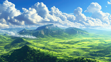Wall Mural - Beautiful Green Savanna or green field with sunny day anime background, cloud background landscape view with beautiful day sky on sunny weather flowers and mountains, beautiful panorama with surrealis