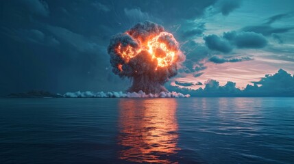 huge explosion of a nuclear bomb in the sea with gray smoke all over the sky, full of pollution