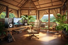 Working Space In A Wooden House With Mountain View.