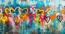 Generative AI, Colorful Hearts As Graffiti Love Symbol On The Wall, Street Art. Melted Paint.	
