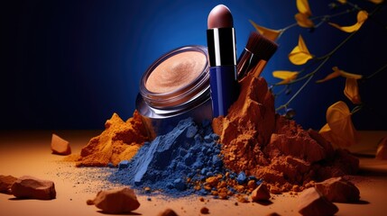 Beauty cosmetic product makeup with organic mineral colorants. Mineral cosmetics with  ocher, lapis lazuli pigments. Loose cosmetic powder and eyeshadow with brushes in scattering of pigment in motion