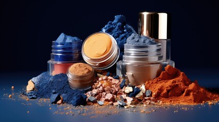 Beauty cosmetic product makeup with organic mineral colorants. Mineral cosmetics with  ocher, lapis lazuli pigments. Loose cosmetic powder and eyeshadow with brushes in scattering of pigment in motion