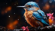 A painting of a bird with blue featherson it rea