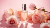Cosmetics product - organic hydrolat, rose essence water for skin and hair and rose flower on pink background.  Space for text