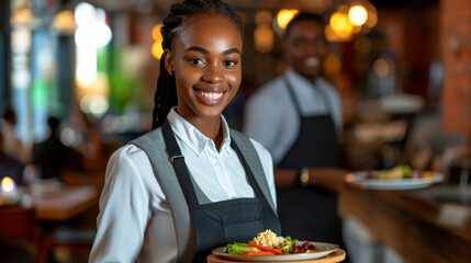 Wall Mural - female waitress smiling and holding a plate of food