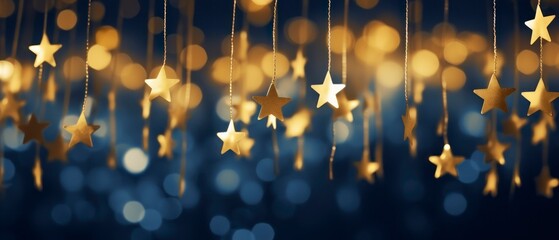 Wall Mural - Christmas background with golden stars and bokeh lights. Banner.