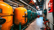 Industrial Boiler Room: Detailed View of Pipes, Pumps, and Machinery in a Factory