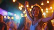 © JW Studio - Happy young woman dancing among a group of young people in night club, shiny blurred background, copy space.