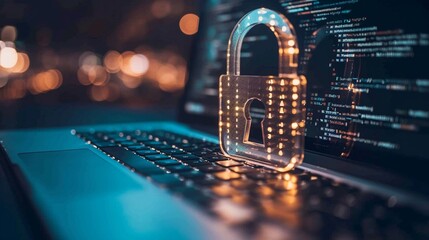 Laptop with virtual padlock, concept of data privacy, network security, privacy protection.