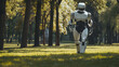 A robot leading a fitness boot camp in a park offering an innovative approach to exercise and health.